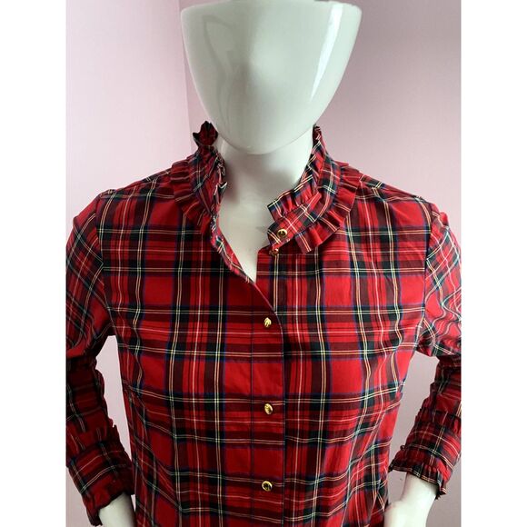 STS Sail to Sable Tartan Plaid Shirt Blouse Ruffle SMALL Red Long Sleeve - Picture 4 of 7